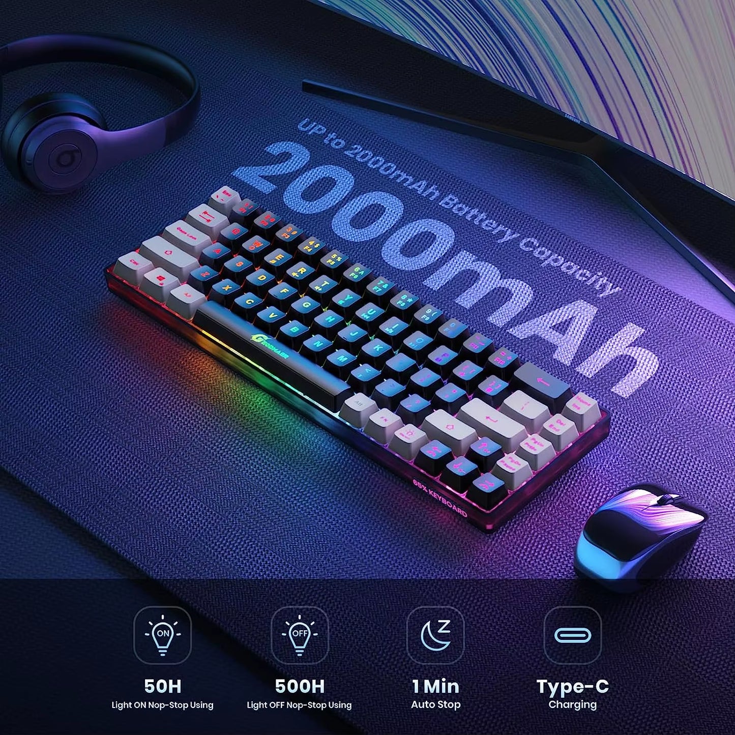 2.4G Wireless Gaming Keyboard Rechargeable Backlit Gaming Keyboard 68 Keys English/Spanish Layout Keyboard for PC